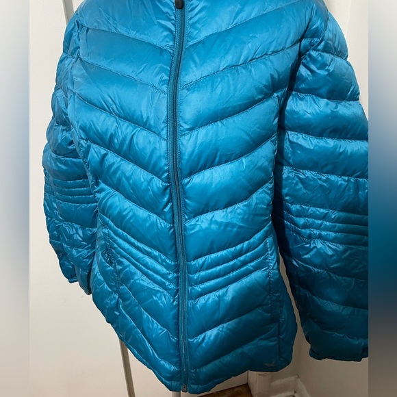 XERSION PACKABLE PREMIUM DOWN COAT Lightweight Hooded Puffer Zipper Aqua Blue L - Picture 3 of 10